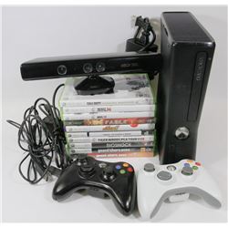 XBOX 360 SLIM W/KINECT, HDMI CABLE, 2 CONTROLLERS