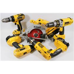 BOX OF DEWALT DRILLS, AND CIRCULAR SAW