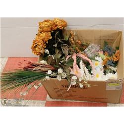 LARGE BOX OF ARTIFICIAL FLOWERS & GREENERY.