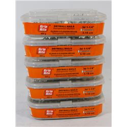 5 TUBS OF GRIP RITE DRYWALL NAILS 3D 1-1/4"