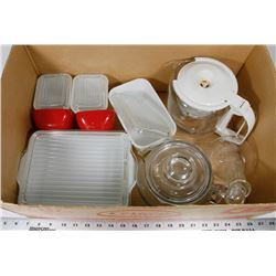 7) BOX OF PYREX ITEMS INCL COFFEE POT, TEA POT, 4