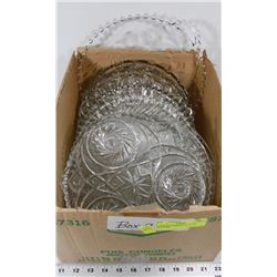 9) BOX OF DEPRESSION GLASS PLATTERS.