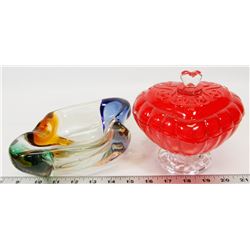BOX OF ART GLASS CANDY DISHES INCL HEART ART GLASS