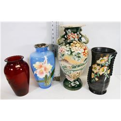 10) 4 LARGE VASES - LARGE FLOWER VASE IS STRESSED