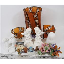 BOX OF CANDLE HOLDERS AND MISC.