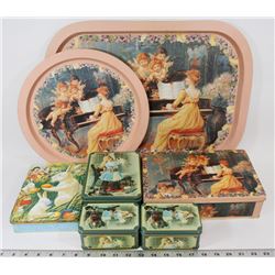 LOT OF VINTAGE METAL TINS & TRAY SET INCL LARGE