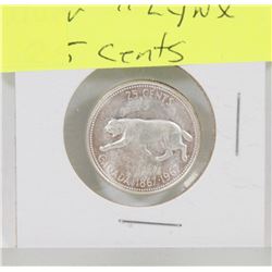 1967 CANADIAN CENTENNIAL SILVER LYNX 25 CENT PIECE