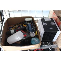 TRAY OF TOOLS AND SHOP HEATER