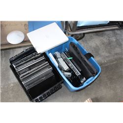 BLUE TOTE AND BLACK BASKET OF LAPTOPS