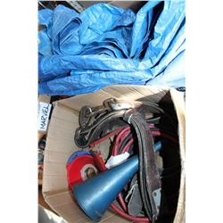 BOX OF JUMPER CABLES TARP FUNNELS AND STRAP