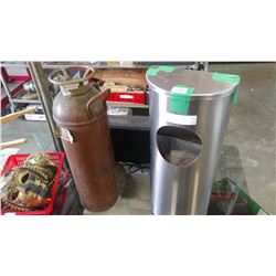ANTIQUE FIRE COPPER FIRE EXTINGUISHER AND STAINLESS WASTE BIN