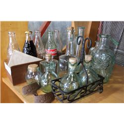 LOT OF GREEN GLASS BOTTLES AND COKE COLLECTIBLE BOTTLES ETC