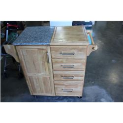 ROLLING MAPLE KITCHEN CART WITH GRANITE TOP