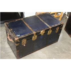 BLUE AND BLACK METAL BOUND TRUNK