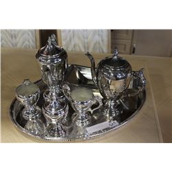 7 PIECES SILVER PLATE TEA SERVICE AND SERVING TRAY