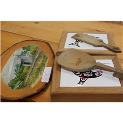 TWO CEDAR BOXES AND BURL PICTURE AND TREENWARE