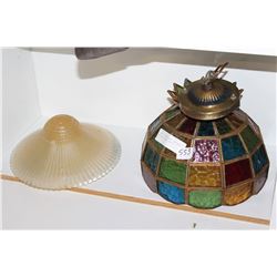 HANGING STAINED GLASS LAMP AND TWO VINTAGE GLASS SHADES