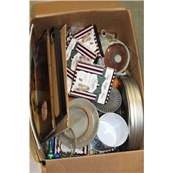 BOX OF PICTURE FRAMES POTTERY AND FILM REEL CASE