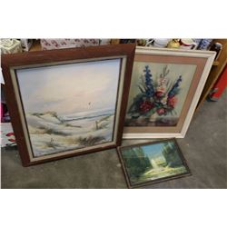 OIL PAINTING ON CANVAS AND TWO FRAMED PAINTINGS