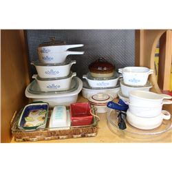 SHELF LOT OF CORNING WARE AND BAKEWARE