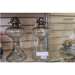 TWO VINTAGE GLASS OIL LAMPS