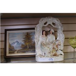 VINTAGE PORCELAIN FIGURES AND SMALL OIL ON CANVAS