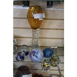 LOT OF ART GLASS PAPER WEIGHTS AND VASE