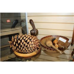 LOT OF WOOD BOWLS LARGE PINE CONE CARVED PELICAN ETC