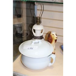 CHAMBER POT AND TABLE LAMP AND DOG FIGURE