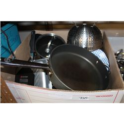 LARGE BOX OF PANS AND POTS