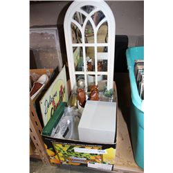BOX OF DECORATIVE ITEMS AND WOOD CATS AND MIRROR