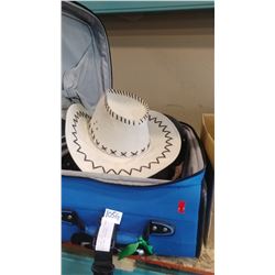 LUGGAGE WITH PURSES COWBOY HATS AND CONTAINER