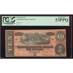 1864 $10 Confederate States of America Note PCGS 53PPQ