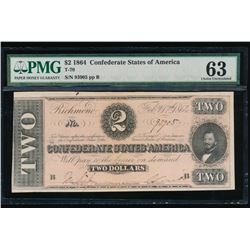 1864 $2 Confederate States of America Note PMG 63