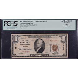 1929 $10 National Bank of Marshall Note PCGS VF20