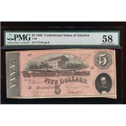 1864 $5 Confederate States of America Note PMG 58