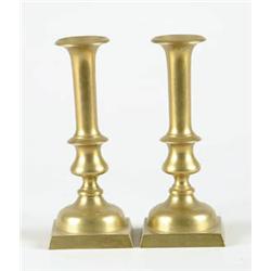 Lot# 2  PAIR OF BRASS PUSH UP CANDLESTICKS.  