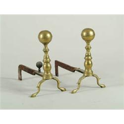 Lot# 20  PAIR OF BALL TOP BRASS ANTIQUE ANDIRONS.  