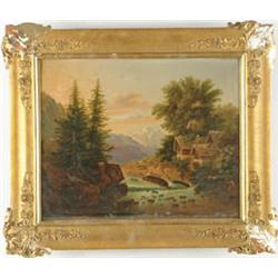 Lot# 55  UNSIGNED ~(19th Century) FISHING AT THE WATERFALL.  