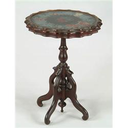 Lot# 60  INTERESTING VICTORIAN REVERSE PAINTED AND FOIL DECORATED GLASS TOP TIP TOP STAND.  