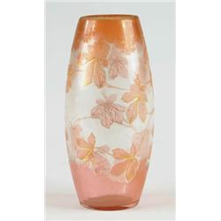 Lot# 76  ART GLASS CAMEO LEAF DECORATED VASE.  