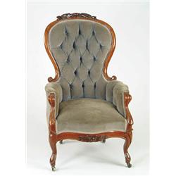 Lot# 122  WALNUT VICTORIAN UPHOLSTERED GENT’S CHAIR.  