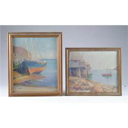 Lot# 242  ARIANNA KELLEY (American, 20th C) TWO HARBOR SCENE PAINTINGS.  