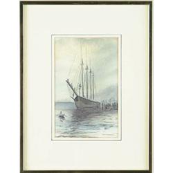 Lot# 253  MARNI LAWSON (American, 20th C)  SCHOONER AT DOCK.  
