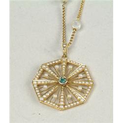 Lot# 277  14K GOLD SEED PEARL AND EMERALD NECKLACE.  