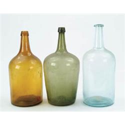 Lot# 393  THREE COLORED GLASS DEMIJOHNS.  