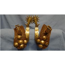 Crockett silver mtd mustache spurs w/fancy straps with Flying Eagle quarters, spurs marked on edge o
