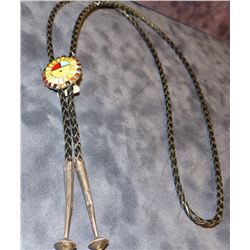 Zuni bolo tie, coral and mother of pearl, 1" diameter
