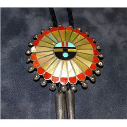 Zuni bolo tie, turqouise, coral and mother of pearl, 2 1/2" diameter