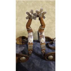 Ladies' silver and copper mtd gal leg spurs, marked X by button, 5 pt rowels